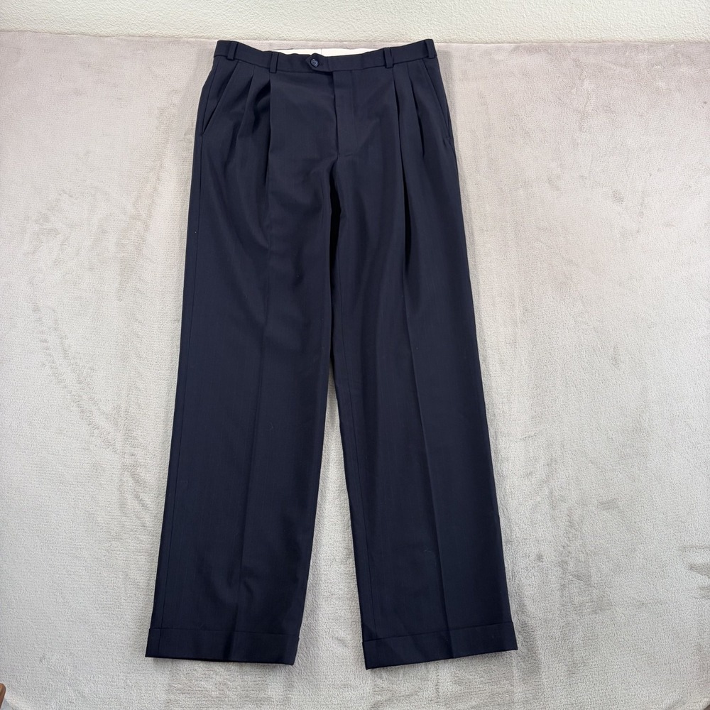 Vintage 90s Stafford Pleated Cuffed Trousers Dress Pants Men Fit 32x32 Navy Wool